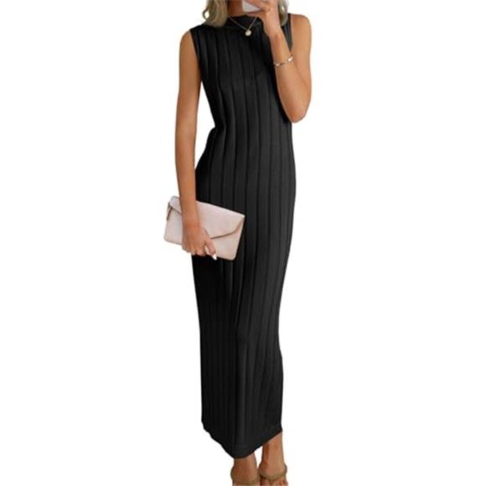 Women's Sleeveless Sweater Dress Mock Neck Ribbed Knit Maxi Dress